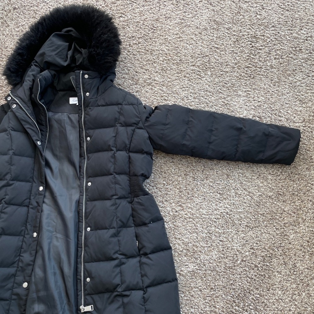 Calvin Klein Womens Black Down Fill Puffer Parka Coat Faux Fur Hood Large - Picture 6 of 16